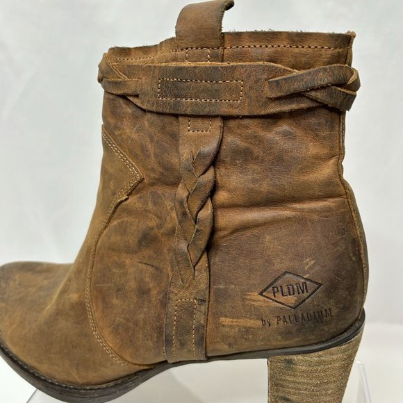 PLDM Palladium Leather Ankle Boots Womens 7.5 Stony CSR Heel Brown Booties Braid - Picture 13 of 14
